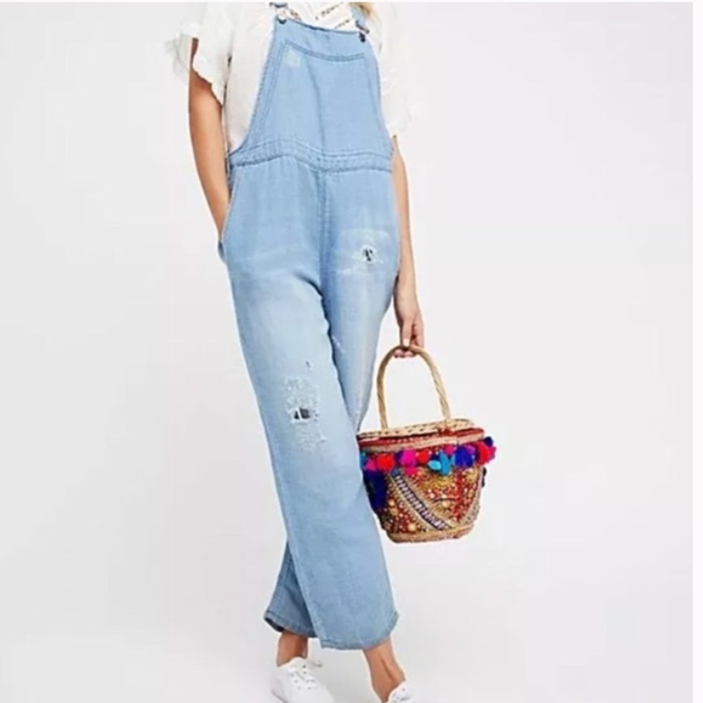 Free People Distressed Chambray Overalls Cropped